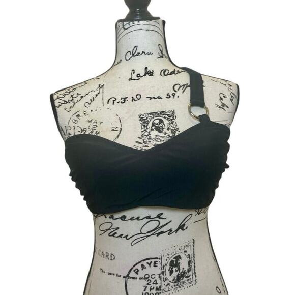 Y2K APOSTROPHE BIKINI TOP BRALETTE CRISSCROSS STRAP SZ L BLACK /PADDINGS BEACHY - Picture 2 of 16